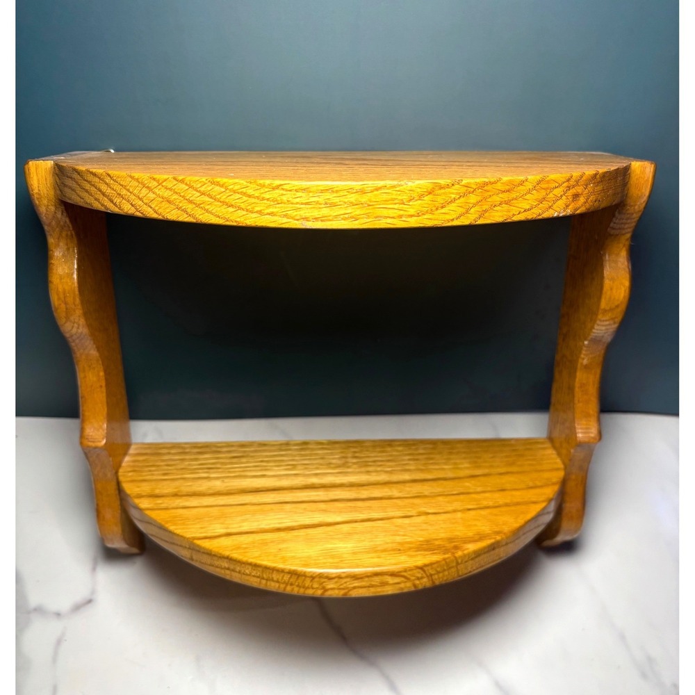 Vintage Oak Wood 2 Tier Wall Shelf Scalloped Side Floating Display Rack Honey